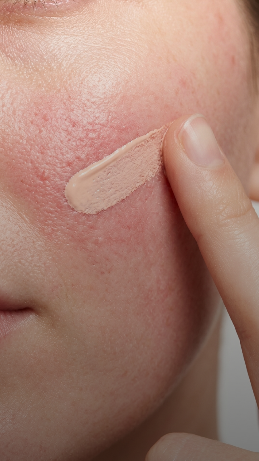 Close-up of a cheek with visible redness and a stripe of cream-coloured product applied with a fingertip